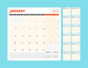 Calendar planner for 2020 year. Stationery design template. Week starts on Monday. Set of 12 pages. Vector illustration