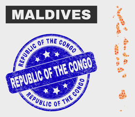 Obraz premium Vector collage of flamed Maldives map and blue rounded grunge Republic of the Congo watermark. Orange Maldives map mosaic of wildfire symbols. Vector collage for insurance services,