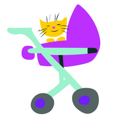 funny kitty in a pink stroller