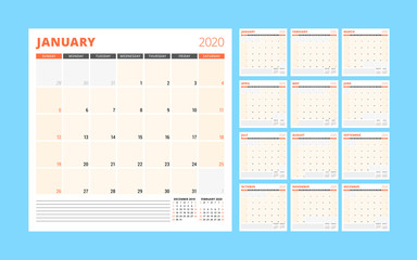 Calendar planner for 2020 year. Stationery design template. Week starts on Sunday. Set of 12 pages. Vector illustration