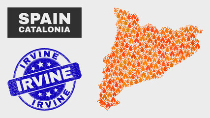 Vector collage of burn Catalonia map and blue round distress Irvine seal. Fiery Catalonia map mosaic of fire items. Vector collage for fire protection services, and Irvine seal stamp.