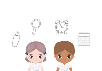 cute little students with supplies school