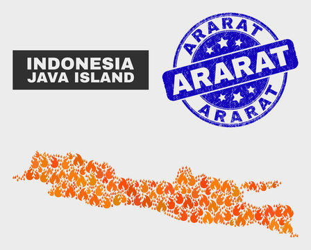 Vector collage of fire Java Island map and blue round scratched Ararat watermark. Fiery Java Island map mosaic of fire symbols. Vector composition for fire protection services,