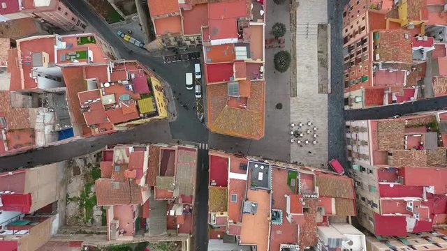 Flying over the red roofs of the old part of town Tarragona, Spain.