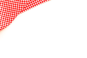 Picnic pattern with red and white dotted tablecloth on white background top view mock up