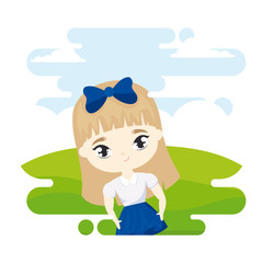 cute little student girl in landscape scene