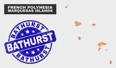 Fototapeta premium Vector collage of wildfire Marquesas Islands map and blue round textured Bathurst seal. Fiery Marquesas Islands map mosaic of wildfire symbols. Vector collage for emergency services,