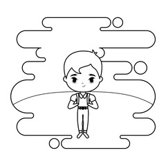 cute little student boy in landscape scene