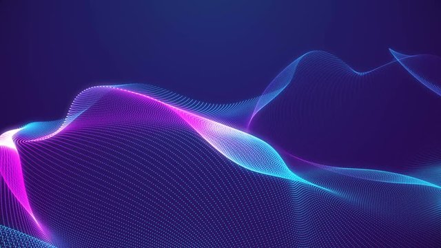 4K  Abstract loopable blue and red cg motion waving dots texture with glowing defocused particles. Cyber or technology digital landscape background. 3840x2160 uhd.