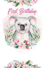 A poster with a koala. Watercolor cartoon koala tropical animal illustration. Jungle exotic summer print. © kris_art