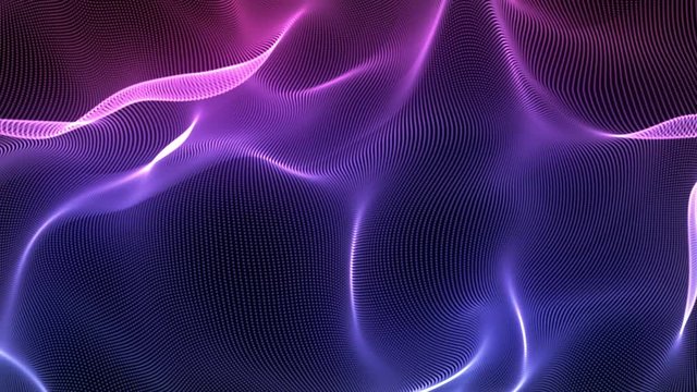 4K  Abstract loopable blue and red cg motion waving dots texture with glowing defocused particles. Cyber or technology digital landscape background. 3840x2160 uhd.