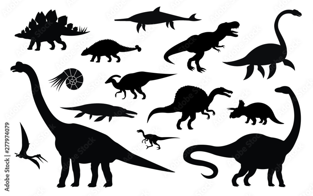 Wall mural vector set collection of different black dinosaur silhouette isolated on white background