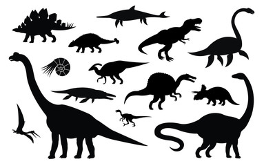 Vector set collection of different black dinosaur silhouette isolated on white background