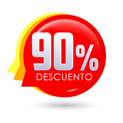 90% Descuento, 90% discount spanish text, bubble sale tag vector illustration, Offer price label.