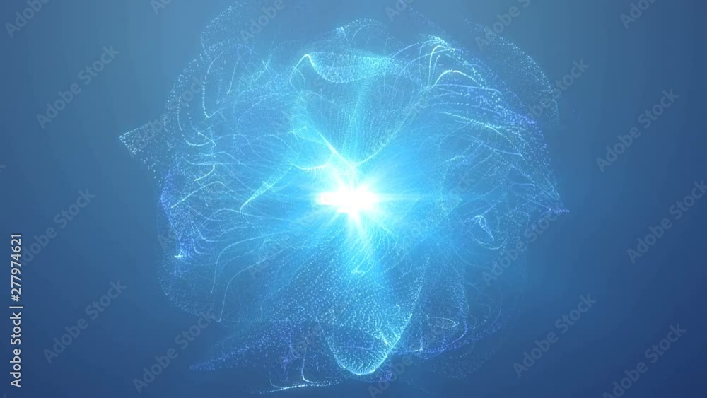 Poster 4k 60 fps. abstract sphere loopable blue cg motion waving dots texture with glowing defocused partic