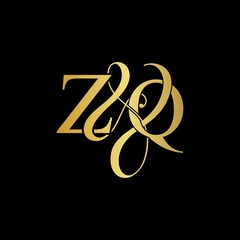 Z & Q ZQ logo initial vector mark. Initial letter Z & Q ZQ luxury art vector mark logo, gold color on black background.