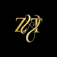 Z & T ZT logo initial vector mark. Initial letter Z & T ZT luxury art vector mark logo, gold color on black background.