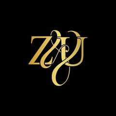 Z & U ZU logo initial vector mark. Initial letter Z & U ZU luxury art vector mark logo, gold color on black background.