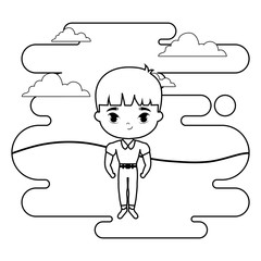 cute little student boy in landscape scene