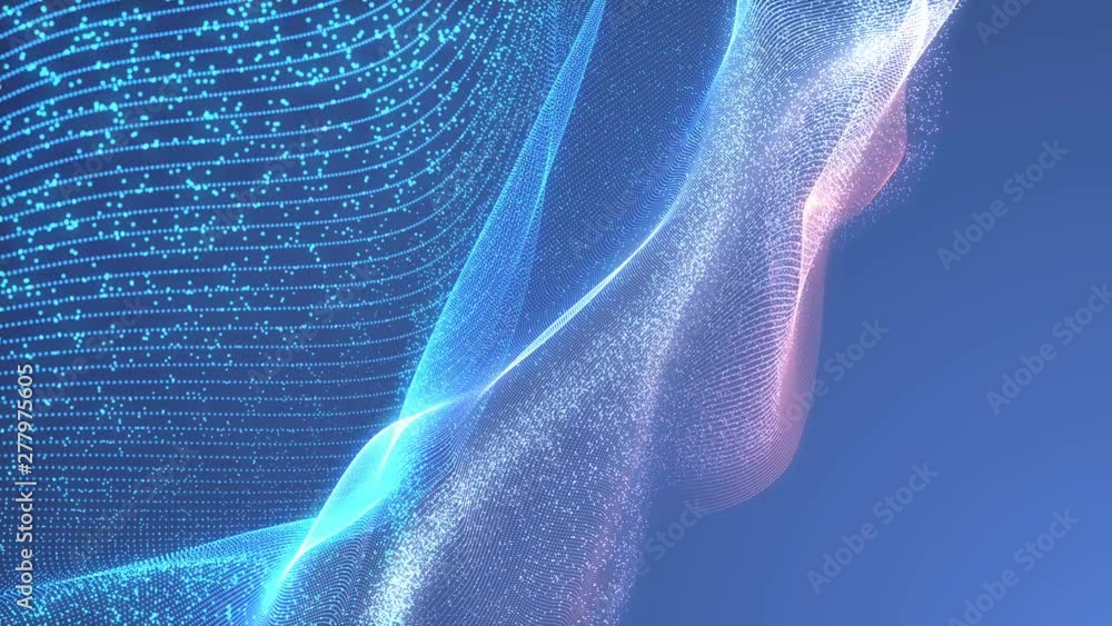 Poster abstract loopable wavy blue and red background. flow of glowing neon particles. cg animation. sci fi