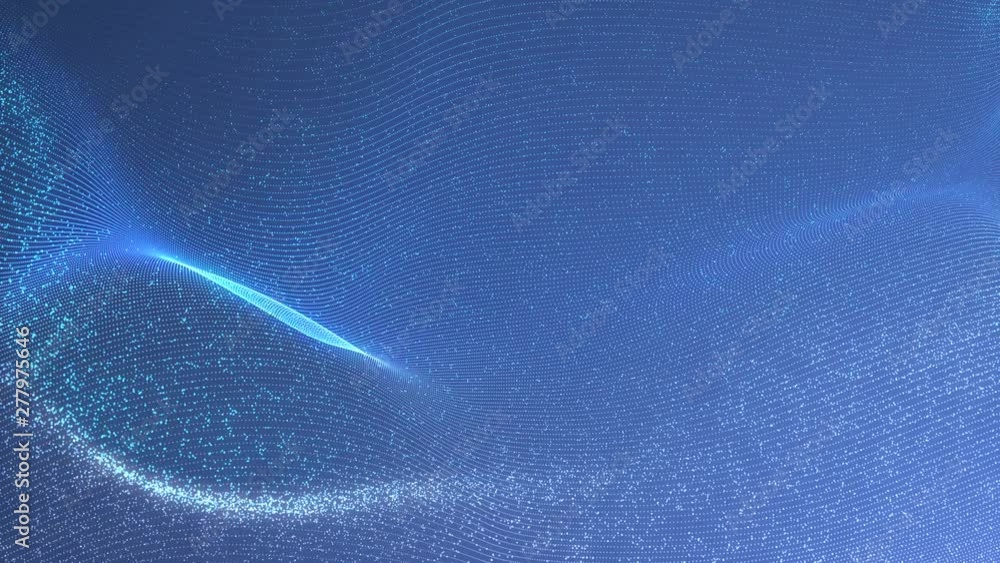 Poster 4k abstract loopable blue cg motion waving dots texture with glowing defocused particles. cyber or t