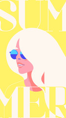 Summer fashion portrait of a blondie model girl with sunglasses. Retro trendy yellow color stories template.