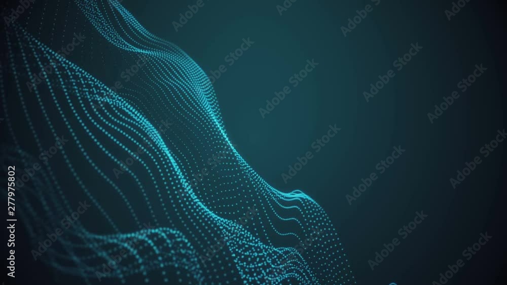 Poster 4k abstract loopable blue cg motion waving dots texture with glowing defocused particles. cyber or t