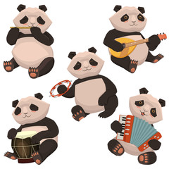 A set of pandas playing musical instruments. Image isolated on white background. Vector graphics.