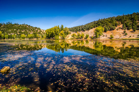 Mountain lake Lac Ouiouane in Morocco near Aguelmam Azigza National Park
