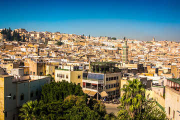 Panoramic view on old city of Fes with Medina in Morocco