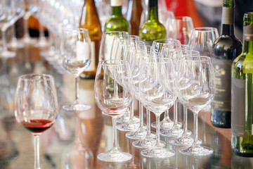 Many glasses and bottles of different wine on a table. Wine Tasting.