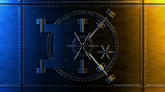 Bank vault. It opens and the camera moves inside. Very heavy steel door. A massive thick wall. Bank robbery. The high quality animation contains the alpha channel.