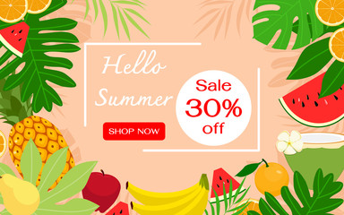 Tropical fruits and leaves. Summer sale banner template. Flat design vector illustration.