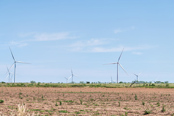 Wind turbine farm generator near Snyder Texas in USA in prairie with many machines for energy