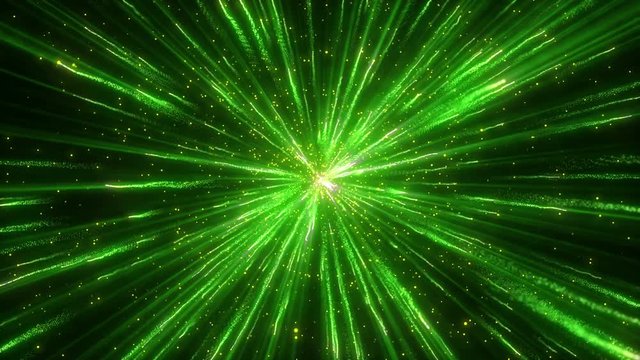 Explosion green lights sparkles. Glowing light explodes. Flare in center. 4k Festive Irish motion background.