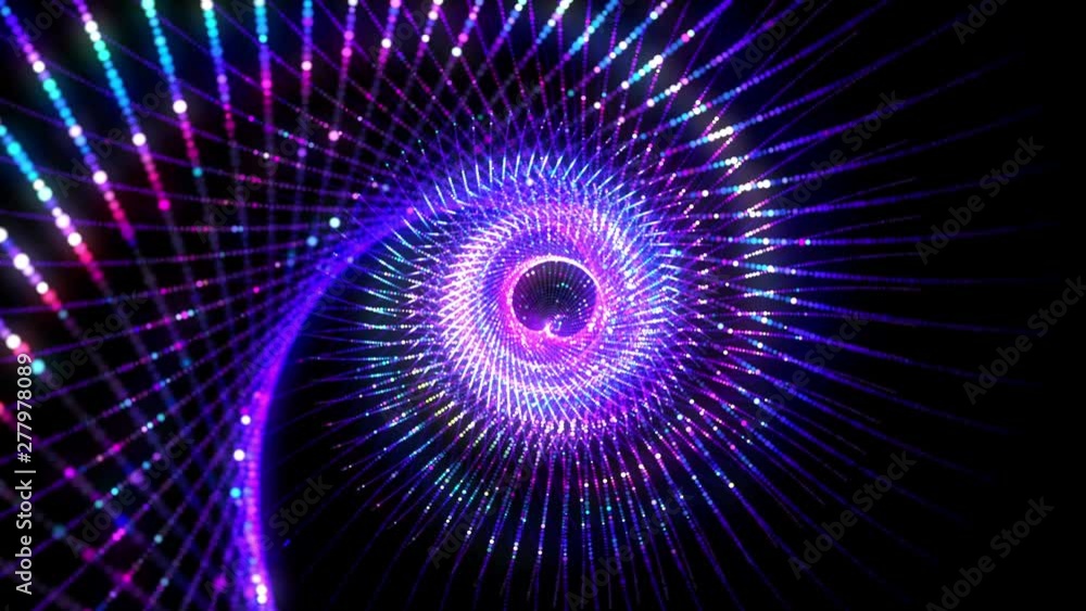 Poster 4k abstract technology neon lines spiral tunnel. blue and purple dots construction. camera rotates a