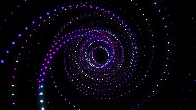 4K Abstract technology neon lines spiral tunnel. Blue and purple dots construction. Camera rotates and moves forward towards the vivid light flare. Dynamic background for project