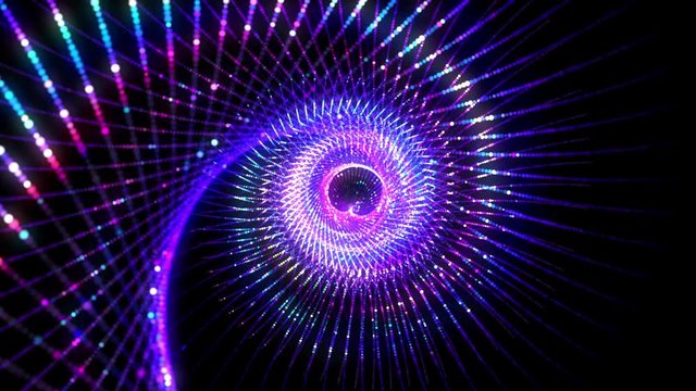 4K Abstract technology neon lines spiral tunnel. Blue and purple dots construction. Camera rotates and moves forward towards the vivid light flare. Dynamic background for project