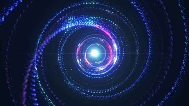 4K Abstract technology neon lines spiral tunnel. Blue and purple dots construction. Camera rotates and moves forward towards the vivid light flare. Dynamic background for project