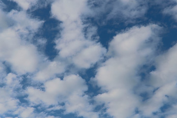 Background of blue sky texture with white fluffy clouds. Horizontal, nobody, place for text. Concept of nature and meteorology.