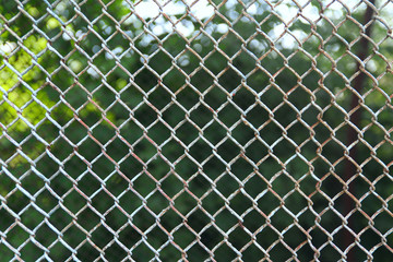 Fototapeta premium Background texture of old painted wire mesh. Cropped shot, horizontal, place for text, without people. Concept of construction and safety.