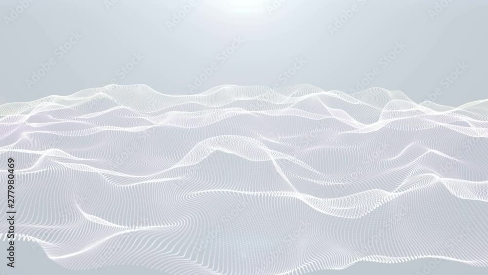 Poster 4k glowing dots surface. wavy structure .glow particles. floating waves effect. chaotic motion. geom