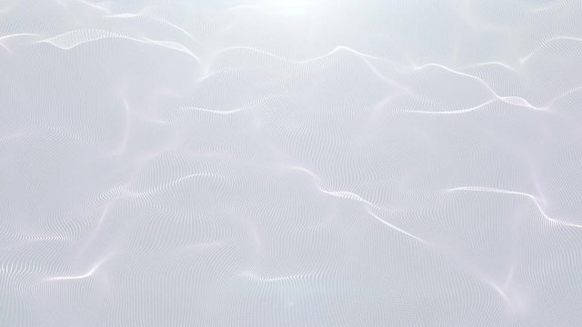 4K Glowing dots surface. Wavy structure .Glow particles. Floating waves effect. Chaotic motion. Geometric lines. White color. Abstract silver background