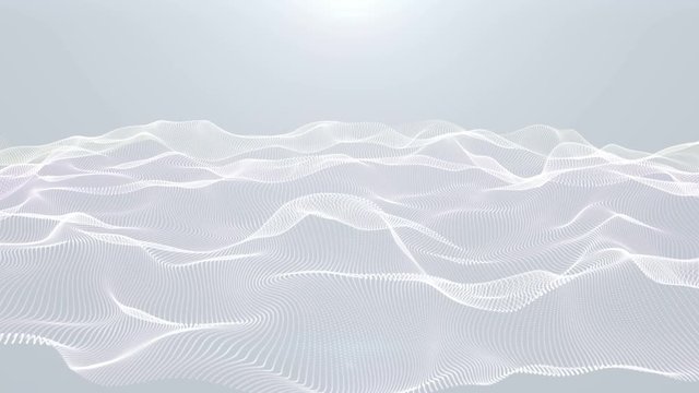 4K Glowing dots surface. Wavy structure .Glow particles. Floating waves effect. Chaotic motion. Geometric lines. White color. Abstract silver background