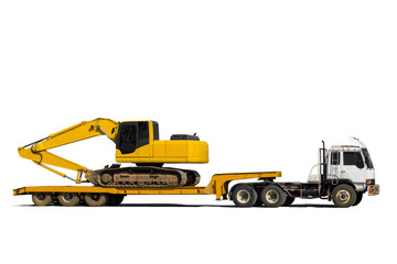Excavator or Backhoe on the truck hauls. Heavy transport truck. Construction equipment isolated on white background.