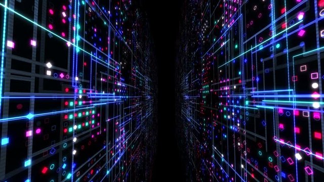 Flight through flow of digital information tunnel. Global connection concept. Technology motion background.  Big data visualization. Blockchain. 4k animation multicolored. blue, purple, red colors