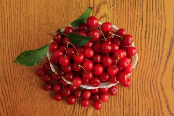 Fresh Cherries in White Bowl on Wooden Table