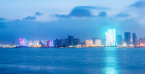 Nightscape Skyline of Urban Architecture along Qingdao Coastal Line..