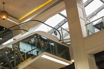 close up escalator on the second floor in shopping mall