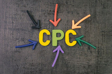 CPC, cost per click the main KPI for online advertising industry, colorful arrows pointing to the...